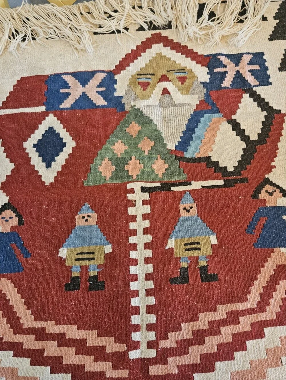 Vintage Santa Claus Baba Noel Turkish Kilim Wool Rug Wall Hanging Fringed